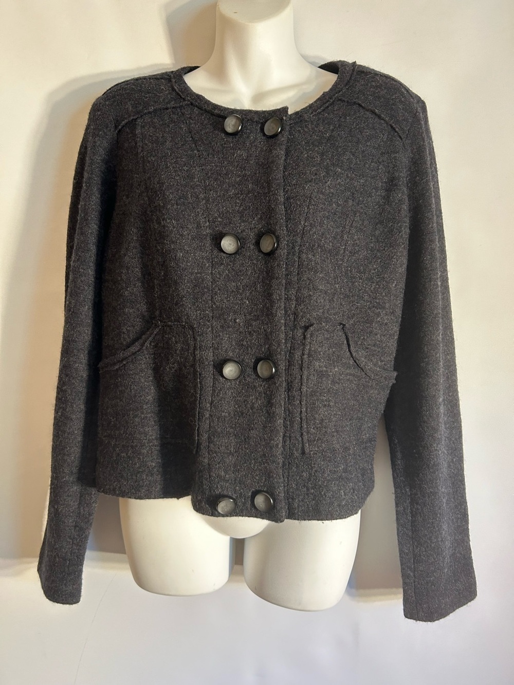 CABI #184 MY FAIR JACKET CHARCOAL GREY 100% WOOL DOUBLE BREASTED SIZE MEDIUM
